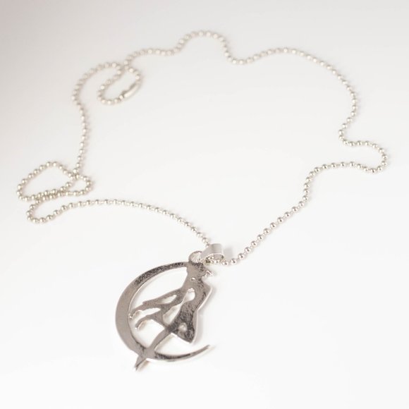 Silvertone Sailor Moon Transform Silhouette on Moon Necklace, New - Picture 2 of 4